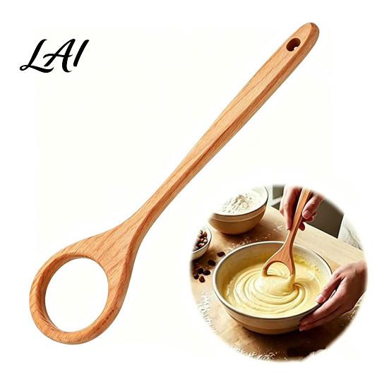Home Baking Accessory 12 Inch Wooden Danish Dough Whisk Long Handle Sourdough Whisk with Hollow Ring Non Slip Natural Wood Beater Mixer Bread