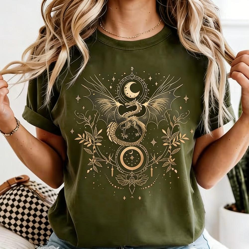 Celestial Dragon Moon Phase T-Shirt Witchy Boho Floral Tee Gothic Style Women Fashion Casual Tshirt Retro Design Printed Tops