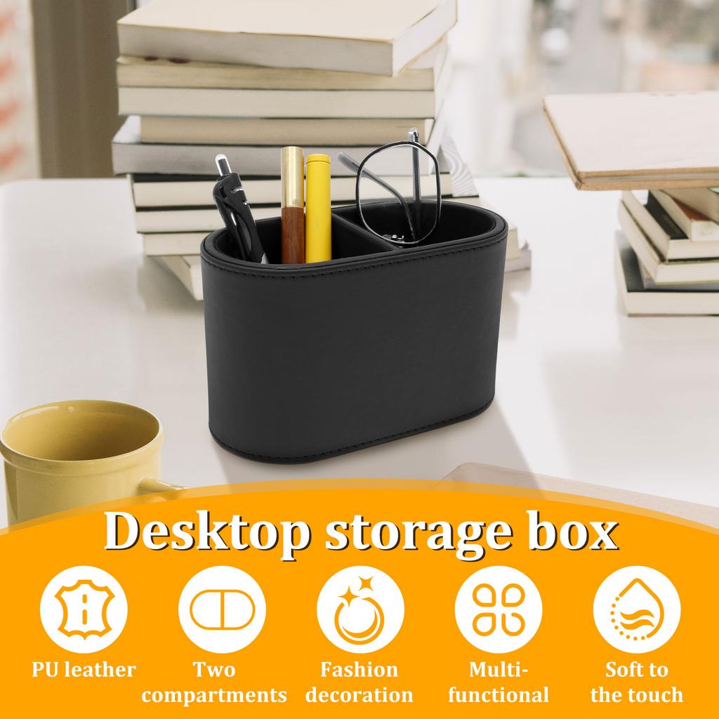 Pen Holder PU Leather Desktop Organizer Caddy with 2 Compartments Multifunctional Remote Control Holder for Home School Office