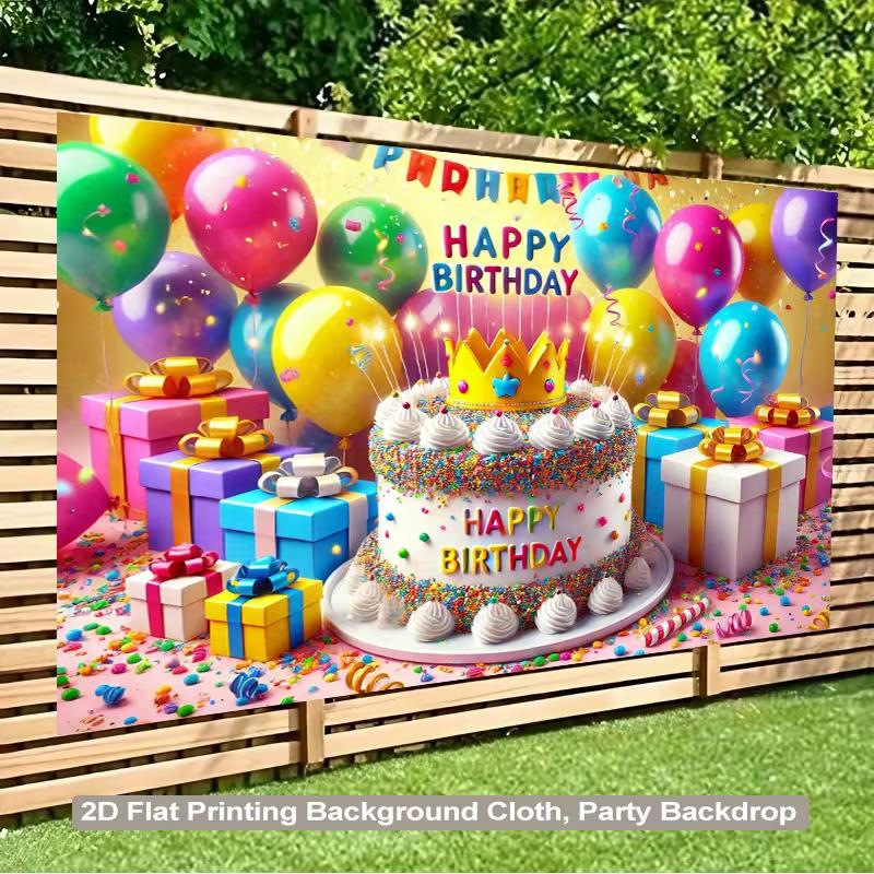 2D Happy Birthday Backdrop Colorful Cake Balloon Photography Background