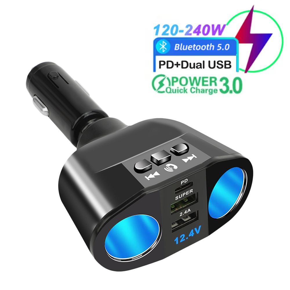 Car Cigarette Lighter Splitter Charger PD+Dual USB Quick Charge Socket FM Transmitters V5.0 Bluetooth Hands-free Call U-disk AUX