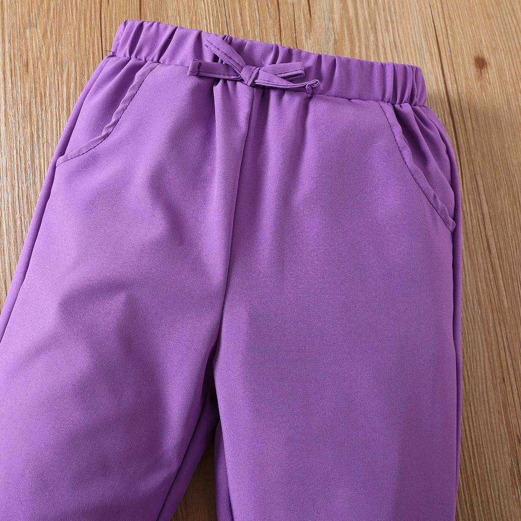 Kids Girls Clothing Set 1-6Y Summer Purple Puff Sleeve Off Shoulder Top with Elastic Waist Long Pants 2 Piece Outfit