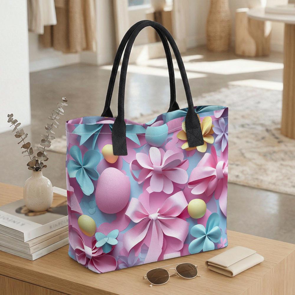 Easter Floral Tote Bag Cute Bow Decor Casual Shoulder Bag for Women Daily Shopping Outing Portable Handbag