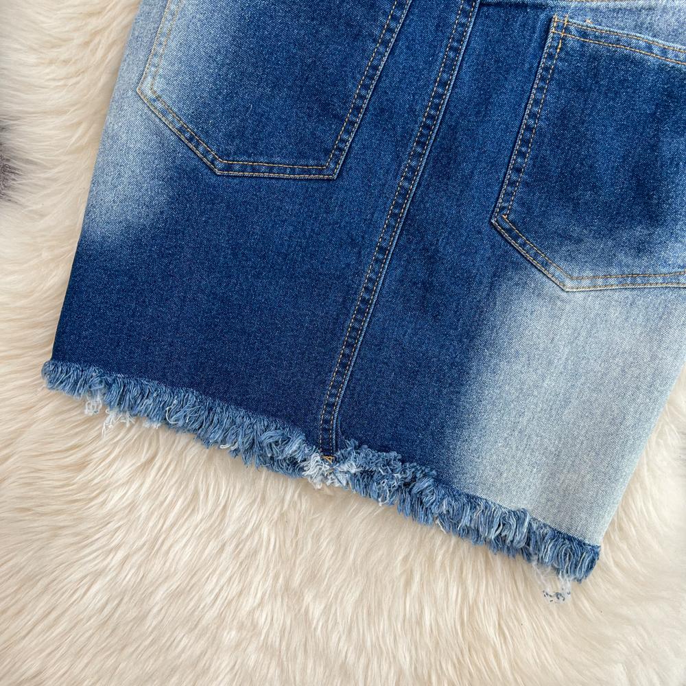 Gradient Color Denim Skirt Women's Autumn Retro High Waist Slim A-Line Short Skirt