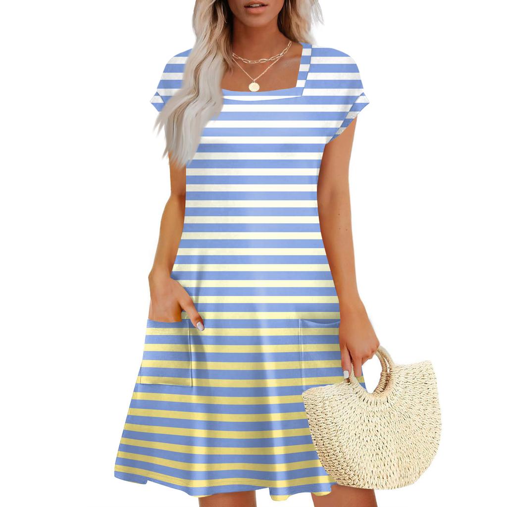 Summer Dresses For Women Loose Square Neck Cap Sleeve Casual Beach Vacation Tshirt Dress Sundresses With Pockets