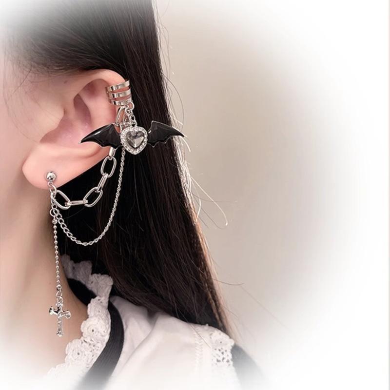 Goth Punk Halloween Devil Stud Earrings Women Rhinestones Crossed Chain Ear Clip Halloween New Year Costume Accessories