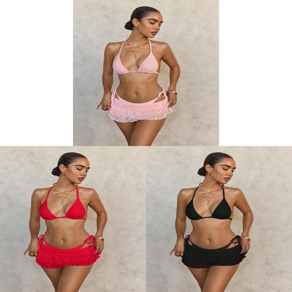 Bikini Set For Women With Lace Coverup And Tie Neck Design For Swimming And Water Sports