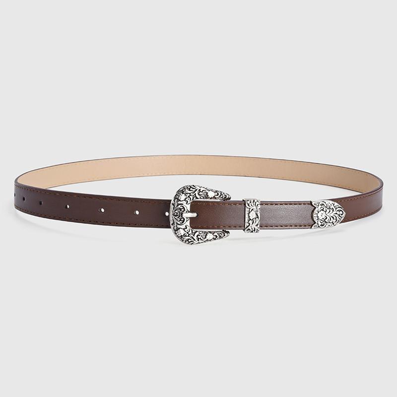 Elegant Pu Leather Belt With Alloy Floral Buckle For Women In Classic Vintage Colors