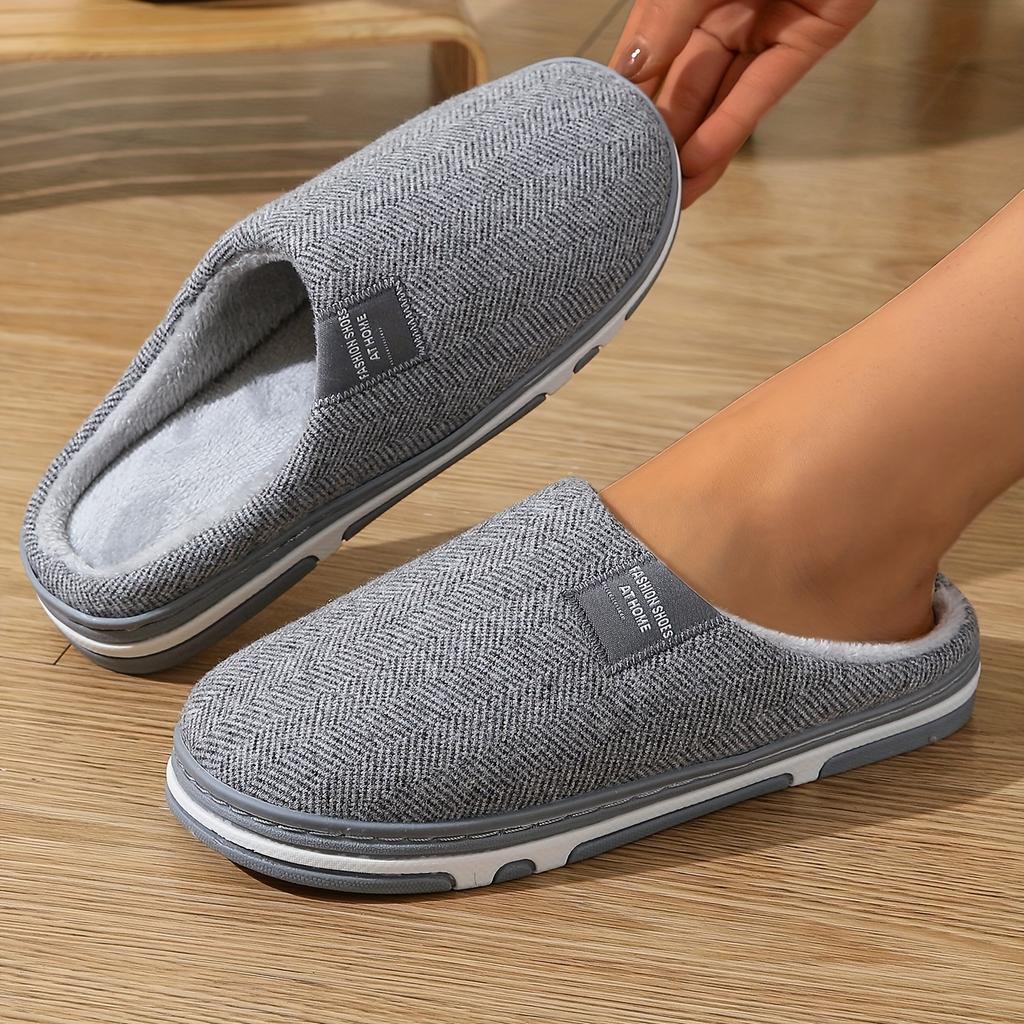 Zapatos planos de estilo retro con patrón de espiga gris y forro afelpado para uso doméstico, disponibles en tallas más grandes.