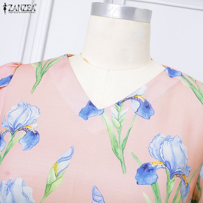ZANZEA Women Casual V-Neck Short Sleeve Print Blouse