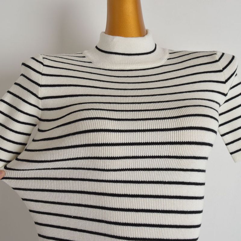 Fashion Style New Arrival Contrast Color Striped Mock-Neck Short Sleeve Knitting Dress Women's Waist-Tight Slim Looking Sheath A- line Skirt