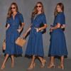 New Vintage V-neck Strap Denim Dress Long Dress Fashion Elegant Dress Women