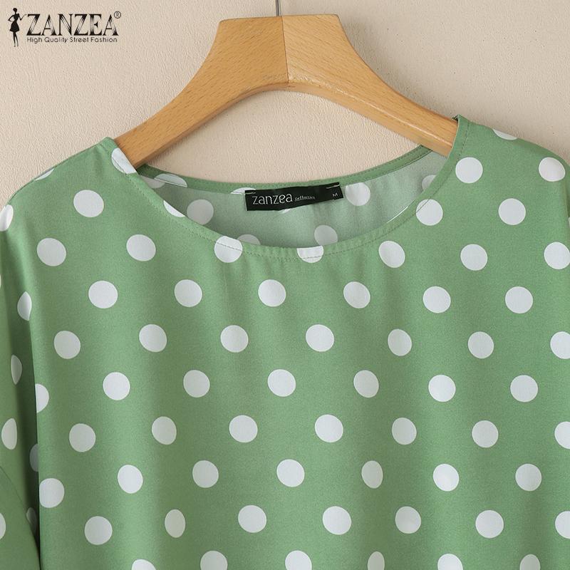 ZANZEA Women Casual Round Neck 3/4 Sleeve Loose Polka Dot Print Blouse
