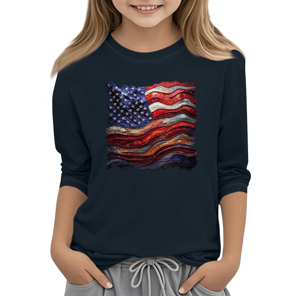 Kindermode Bedrucktes Rundhals Dreiviertelarm Oberteil Lässiges T-Shirt