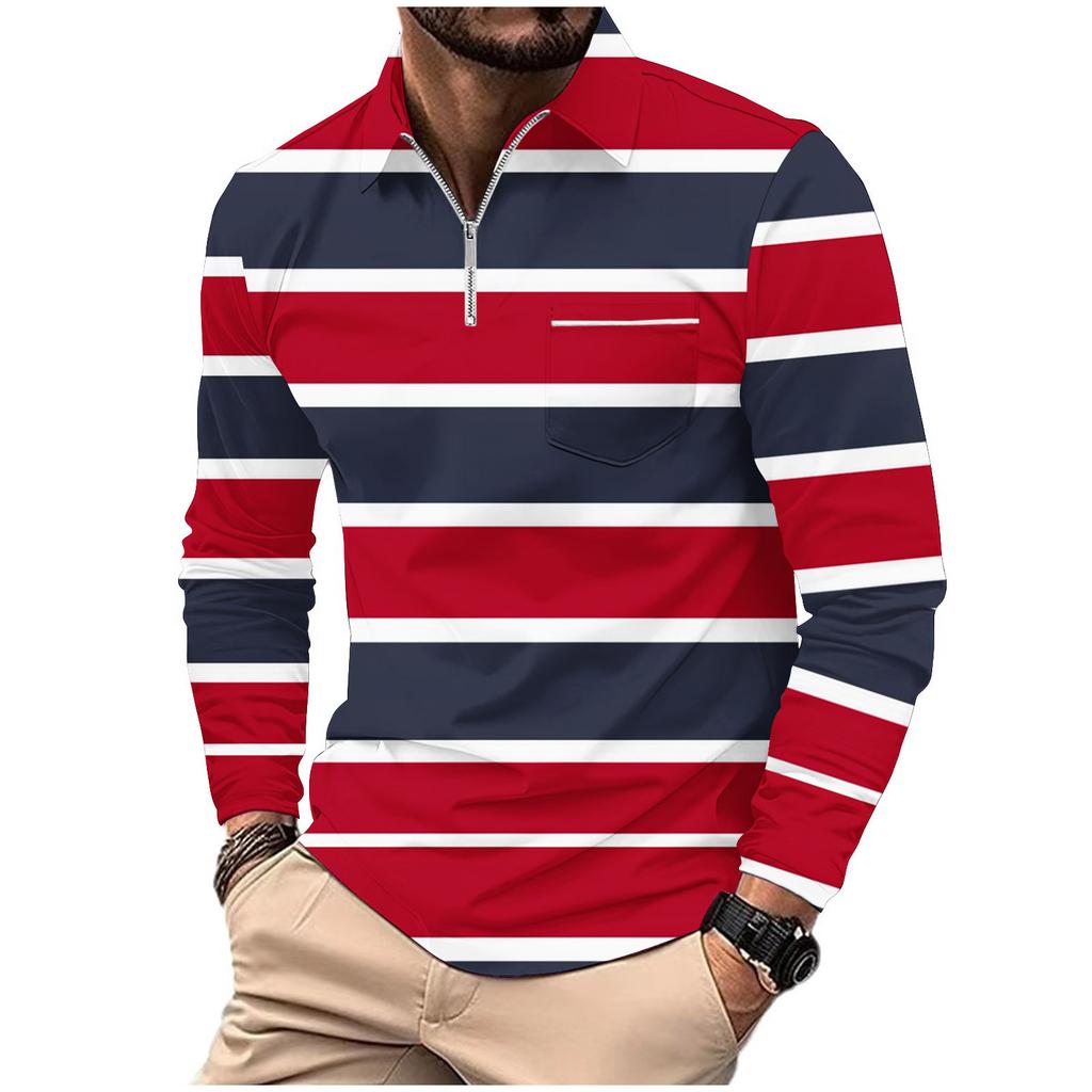 Fashion Polo Shirt Men's Printed Long Sleeve Zip Pocket Sports Polo Shirt Men's Striped Sweatshirt
