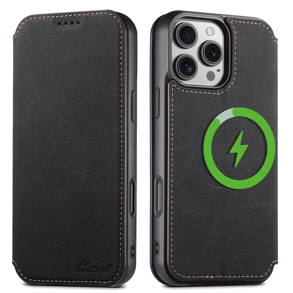SUTENI J06 For iPhone 16 Pro Case Litchi Texture Leather Wallet Phone Shell Compatible with MagSafe