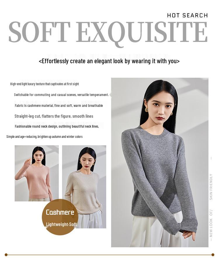 2024 Autumn/Winter Women's Pure Cashmere Round Neck Sweater - Versatile Casual Knit Pullover