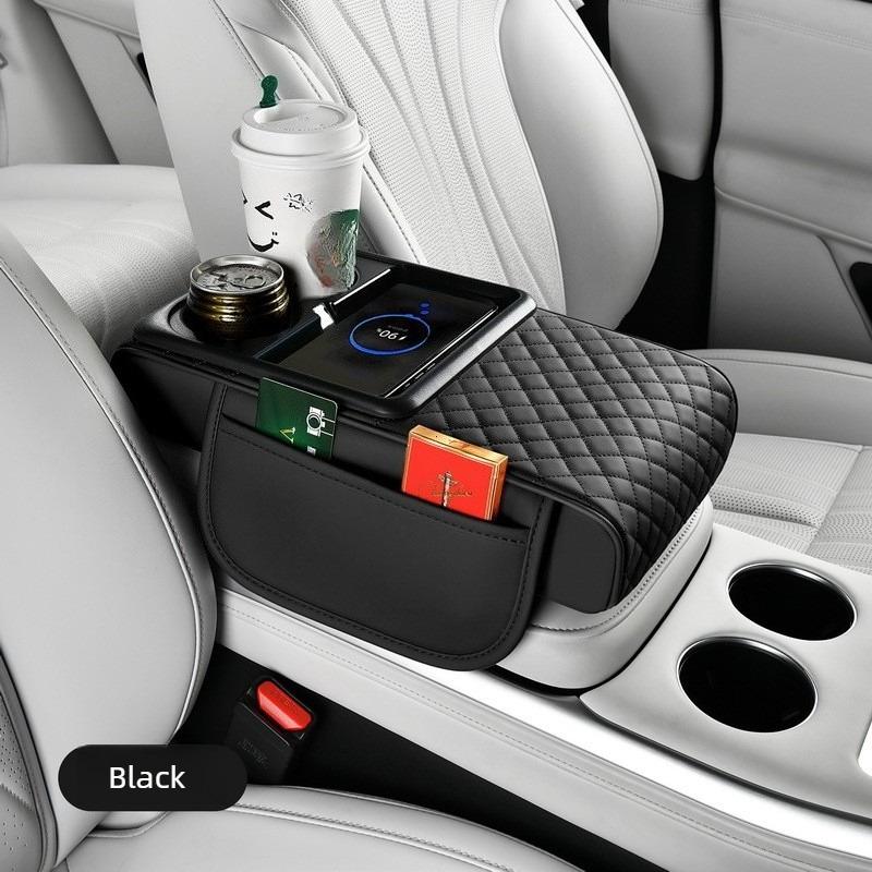 Multifunctional Car Armrest Box with Wireless Charging, Thicken Height Pad Arm Rest Cushion Storage Box Phone Cup Tissue Holder
