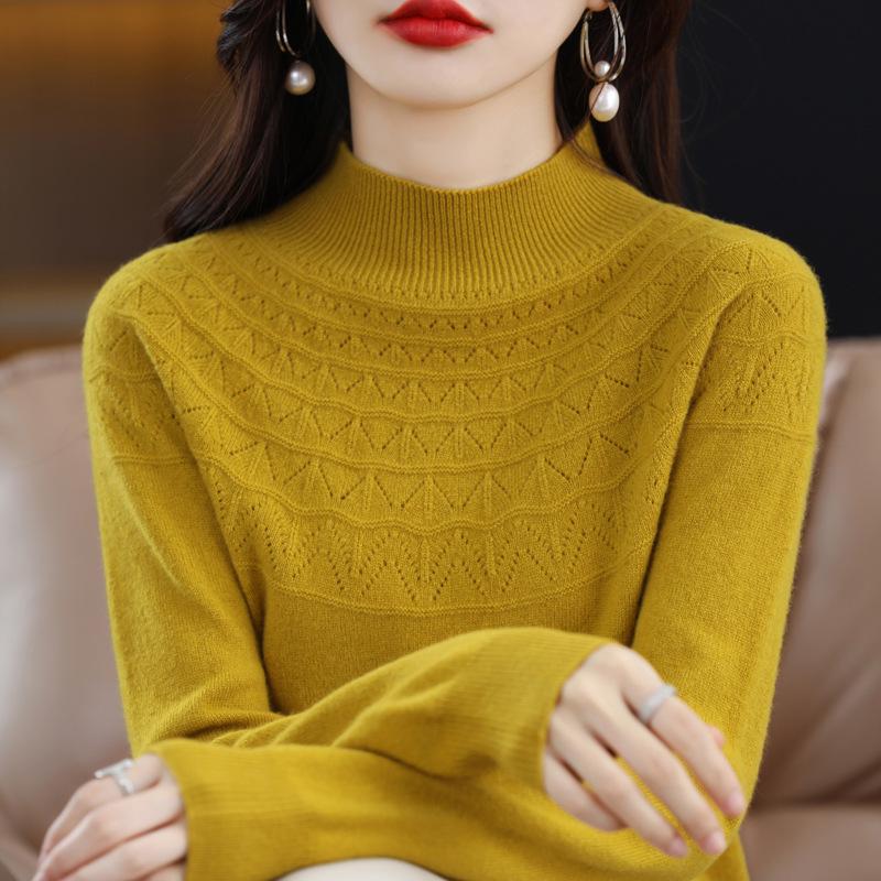 Seamless Pure Wool Women's Half-High Neck Hollow Pullover Sweater - Warm, Slim-Fitting Base Layer Knitwear