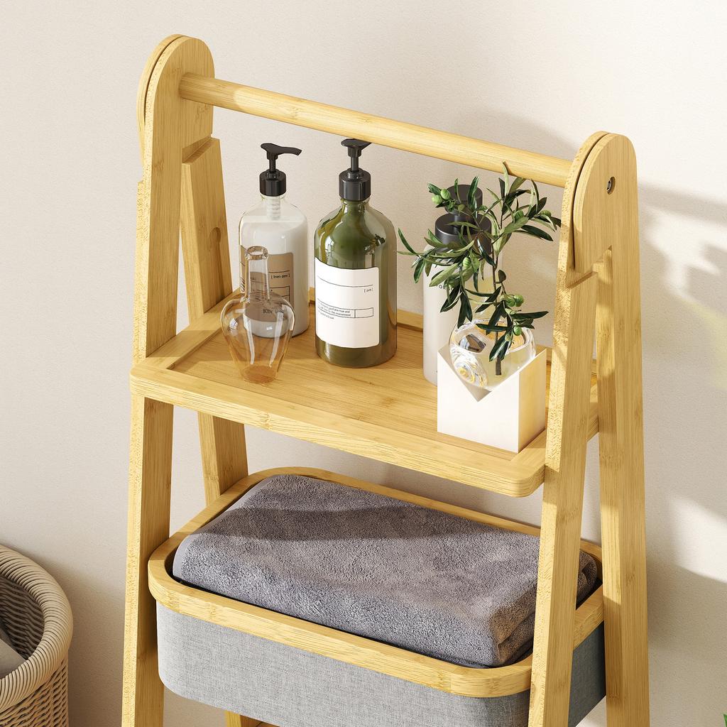 Folding Bamboo Bathroom Shelf with 2 Laundry Baskets Open Shelf Grey