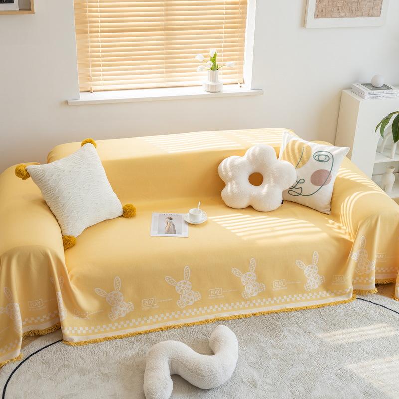 Cotton Linen Sofa Towel Cover Cartoon Bear Rabbit Couch Towel Universal for Seasons Non-slip Couch Dust Proof Decorative Blanket