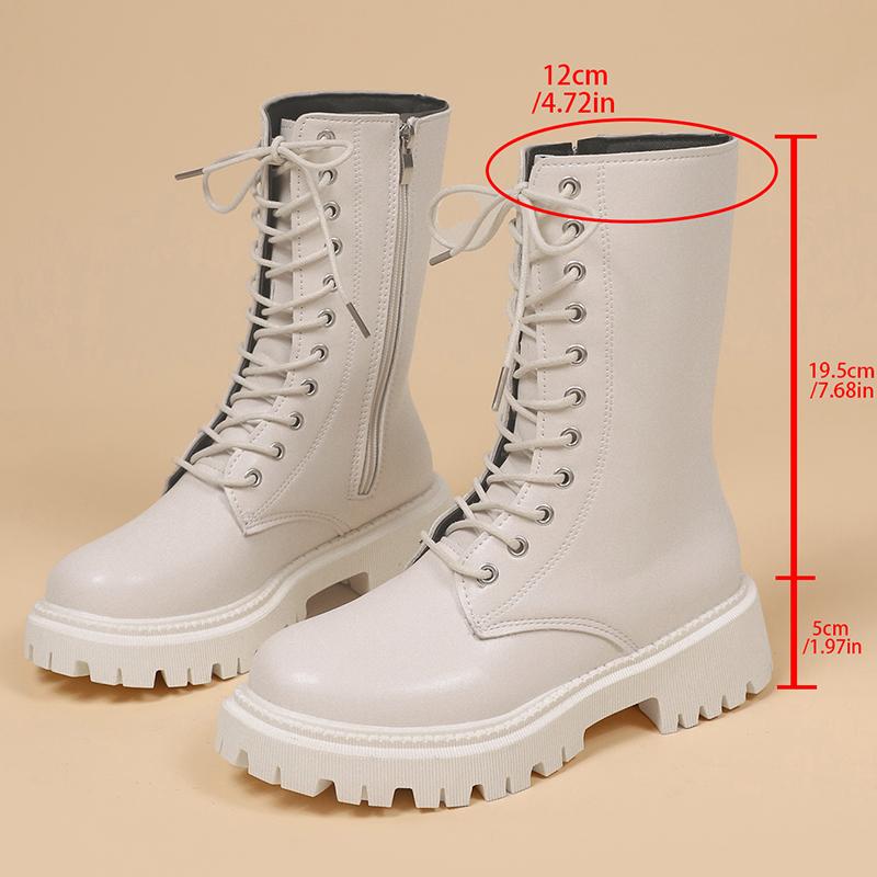 Fashion Fashion Black PU Leather Mid Calf Boots Women Thick Sole Non Slip Combat Boots Woman Autumn Winter Lace Up Platform Botas Mujer