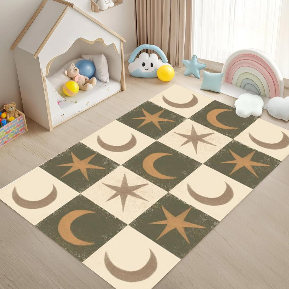 Vintage Moon and Star Checkerboard Pattern Carpet Mat Rug Retro Game Style Soft Floor Mat for Kids Room Bedroom Home Decoration