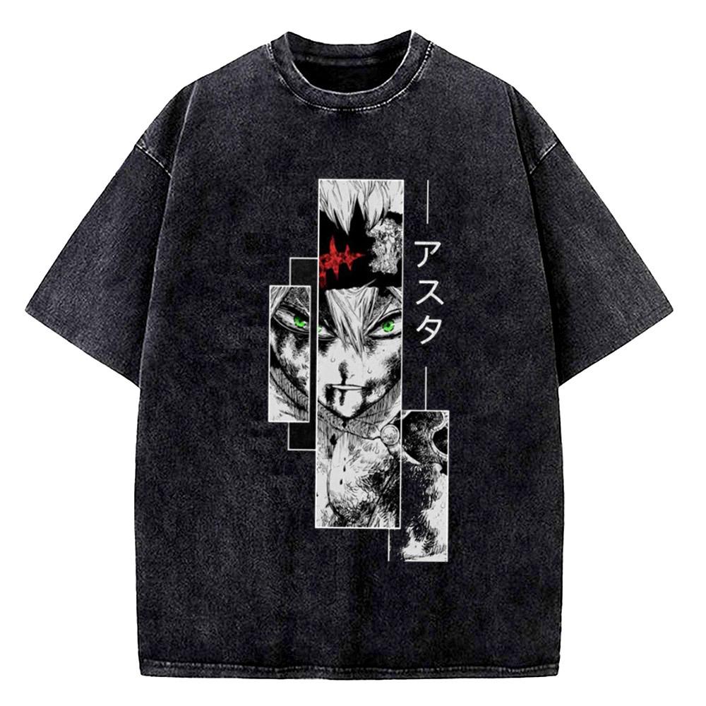 High Quality Yami Sukehiro Black Clover Manga 100% Cotton T-shirt for Men Short Sleeve Vintage Washed Clothing Male T Shirt
