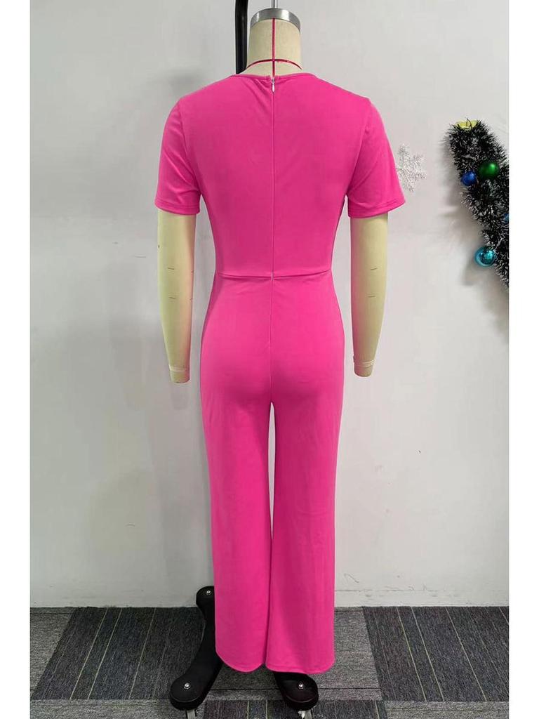 Irregular Neckline Waist-Gathering Wide-Leg Jumpsuit
