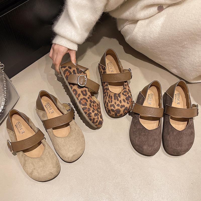 Korean Version of Round Head Suede with Single Shoes Women's 2025 New Autumn Retro Leopard Print Fashionable Mary Jane Small Leather Shoes