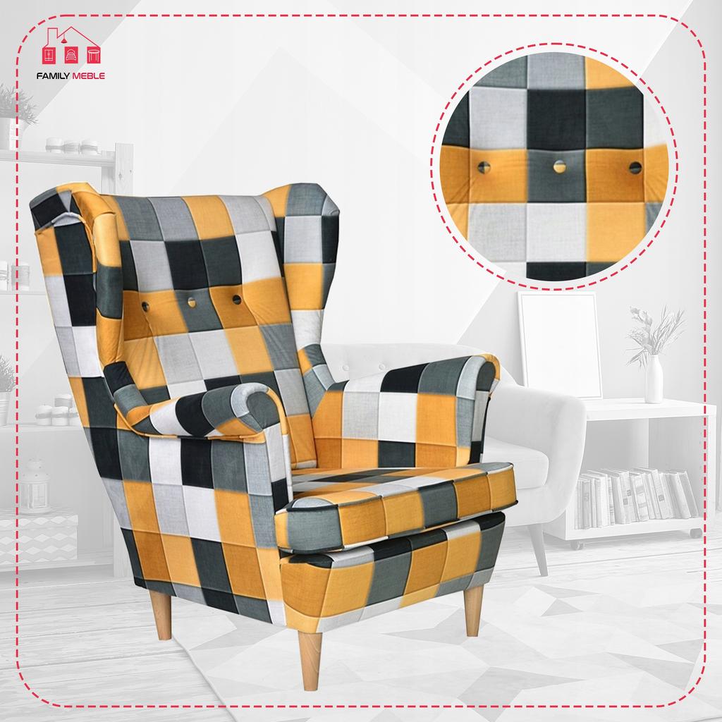 ARI PRINT Scandinavian Family Furniture Wing Chair, Checkered Panels Pattern