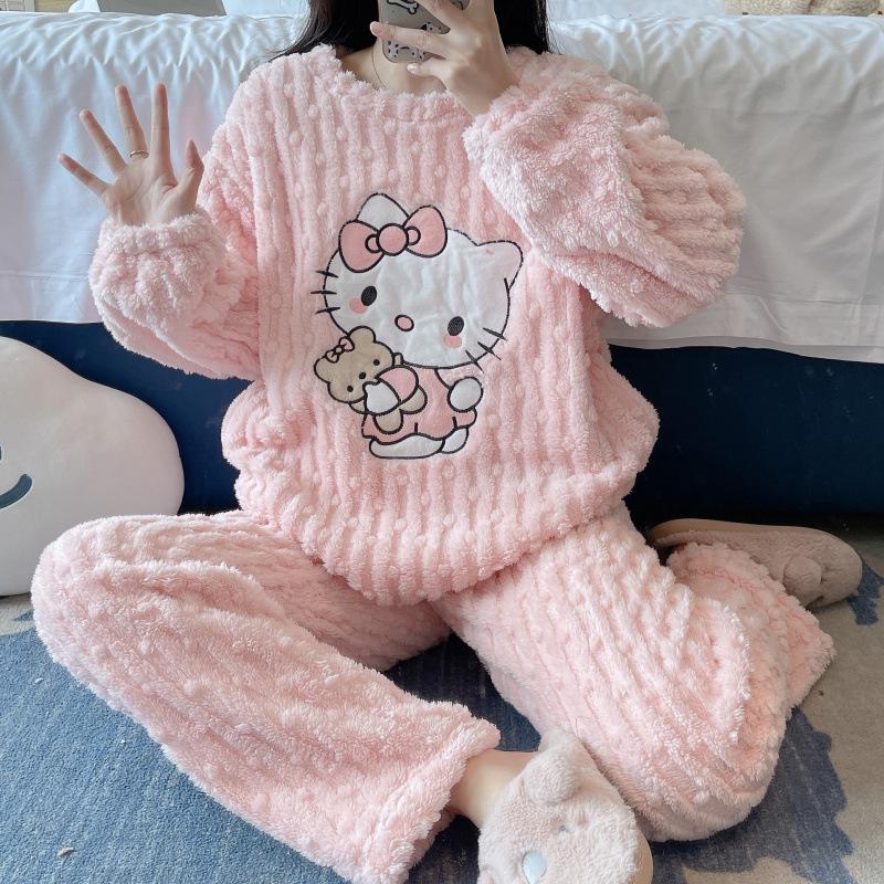 

Women s Cartoon Cat Flannel Pajamas: Warm, Thickened Coral Fleece Sleepwear Set for Autumn/Winter 2025 One Size (80-140 jin) рожевий