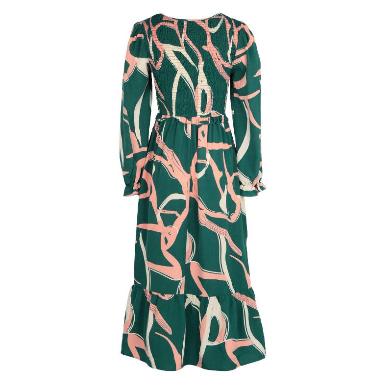 Otoño Invierno mujer manga larga estampado elegante cuello en V gasa A-Line hasta la rodilla vestido de cintura alta