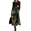 Women's Casual Fashion V-neck Long Sleeve Dress Leaf Print Waist Pocket Large Swing Dress