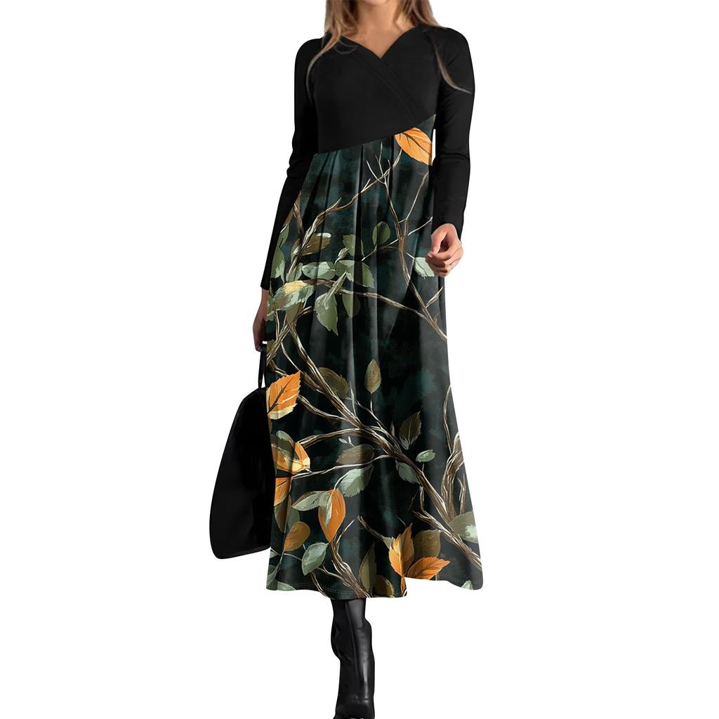 Women's Casual Fashion V-neck Long Sleeve Dress Leaf Print Waist Pocket Large Swing Dress