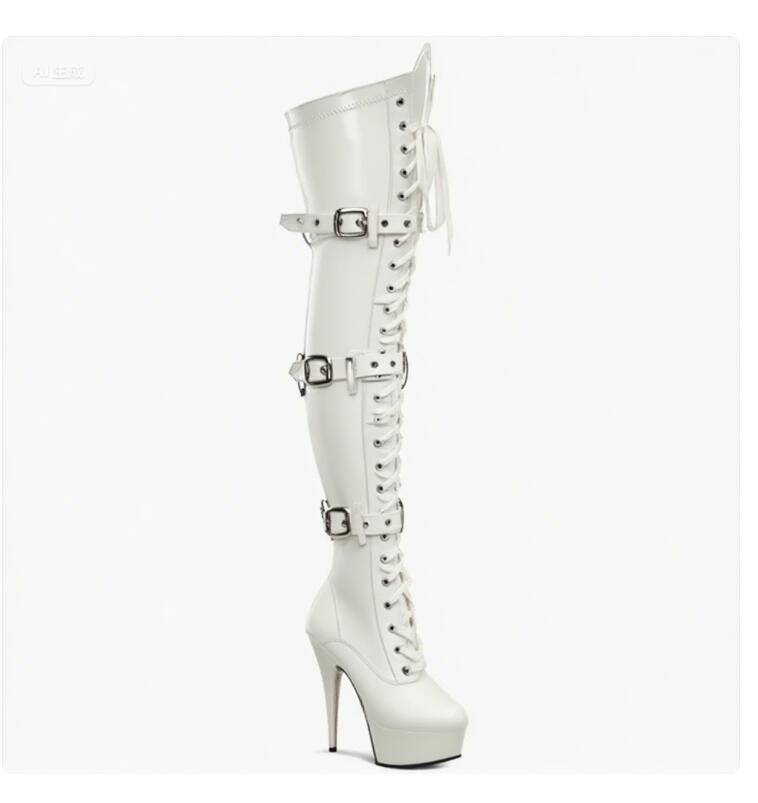 New Style Women’s Shoes Genuine Super Star 15CM Stiletto Strap Belt Buckle Over the Knee Boots Fashion Pole Dance Leather Pumps