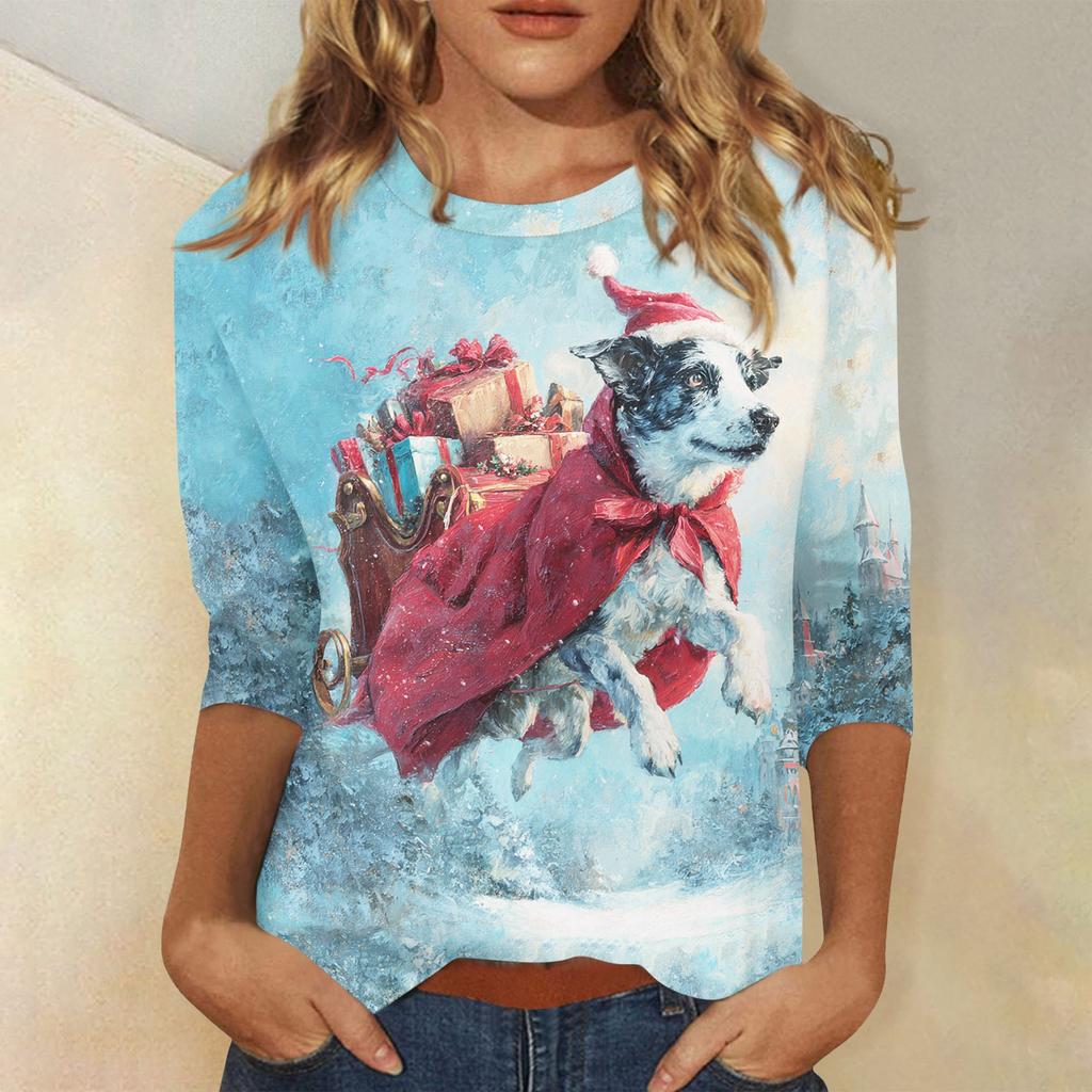3/4 Sleeve Shirts For Women Print Christmas Tees Blouses Casual Plus Size Basic Tops Pullover