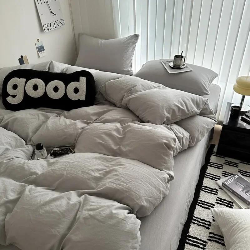 Washed Cotton Bed Linen Bedding Set 3/4 Pieces Bed Sheets Set Solid Color Comforter Cover Couple Queen King Size Bed Quilt Cover