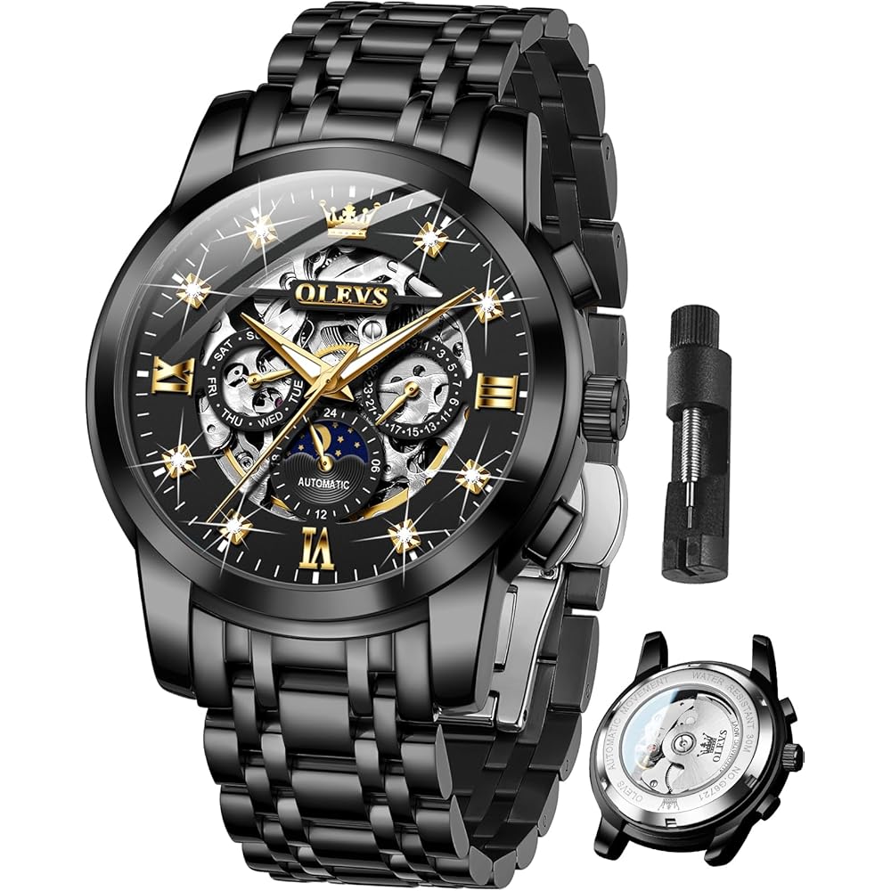 OLEVS Men s Luxury Skeleton Automatic Watch Diamond Black Dial Waterproof Dress Watch with Luminous Features