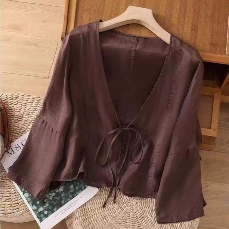 Retro Artistic V-Neck Cotton Linen Belted Open Sun Protection Summer Pure Color Outer Thin Linen Shirt Women's Top