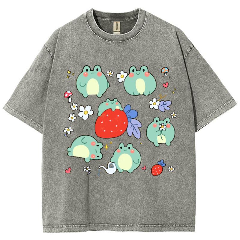Women's Cartoon Cute Little Frog Strawberry Print T-Shirt,  Luxury Design, Short Sleeve, Washed Retro Style Top