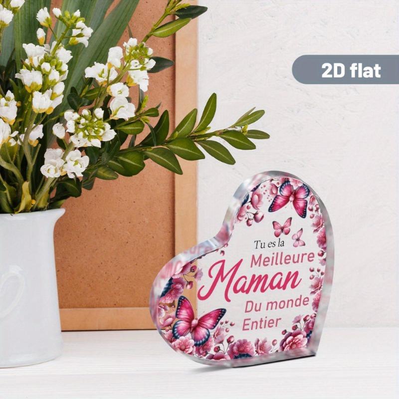 2D Flat Beautifully Crafted Heart-Shaped Decorative Plaque and Statue Featuring A French Maternal Tribute with Floral and Butterfly Themes