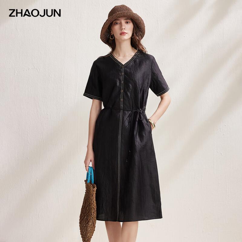 Zhaojun Women s Mulberry Silk Short-Sleeved Dress with Waist Tie 2XL