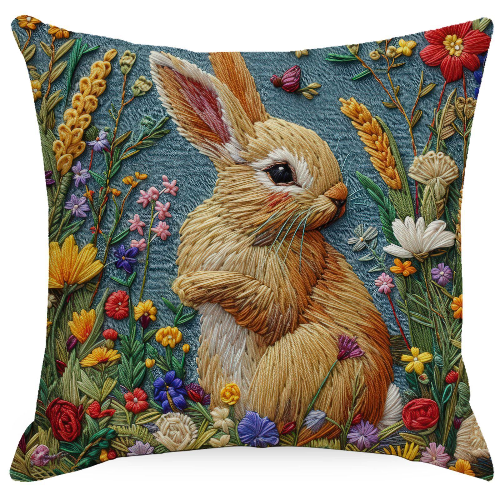 

Новая весенняя наволочка с имитацией вышивки, с цветочным принтом и кроликом, льняная, печатная, домашняя, наволочка для подушки 45 * 45Cm