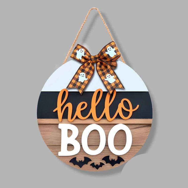 Wooden Round Halloween Door Sign Hanging Decoration Outdoor Porch Patio Party Seasonal Welcome Sign with Bow and Bat Cutouts