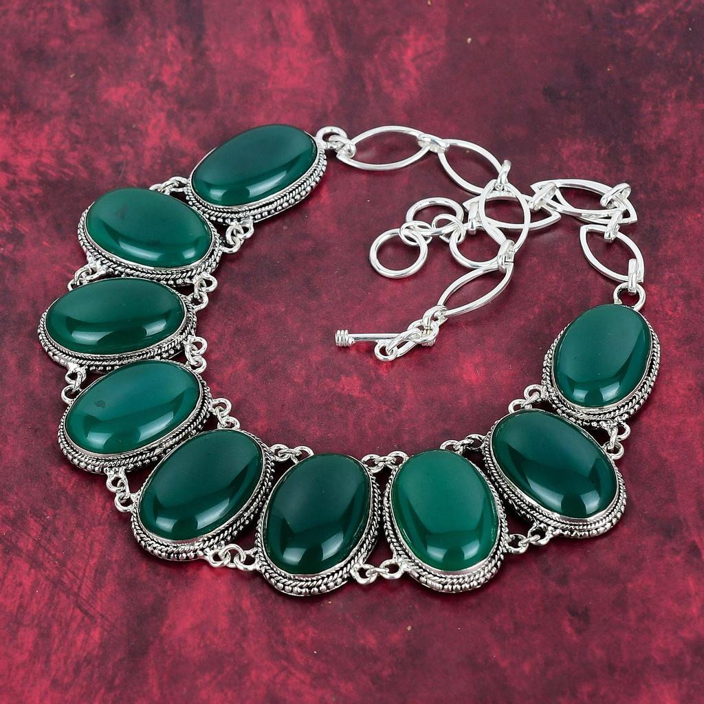 Collar de Ónix Verde Plata de Ley 925 Sólida con Cadena Ajustable, Collar de Joyería de Piedras Preciosas Hecho a Mano Para el Día de los Caídos