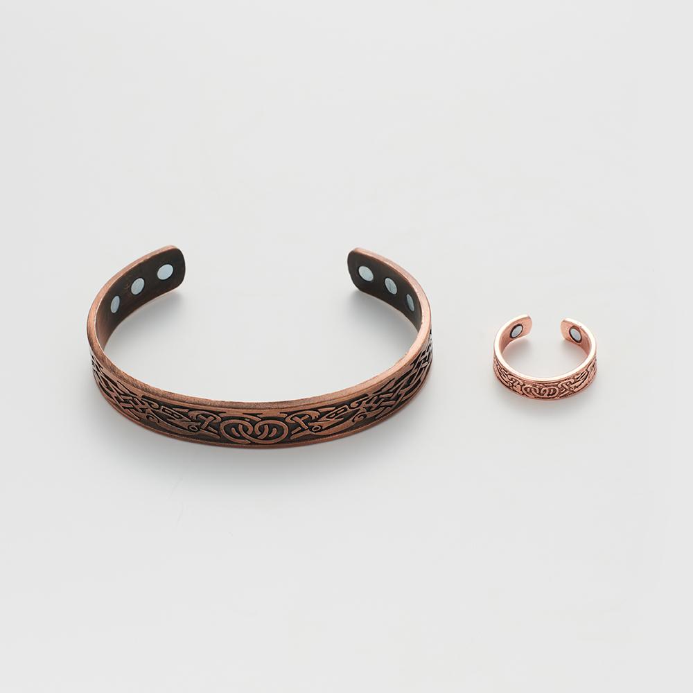 European and American Copper Vintage Simple Double Ring Pattern Magnet Energy Ring Bracelet Set
