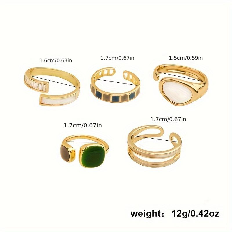 Vintage Boho Style Rings Set – 6 Pieces Colorful Geometric Adjustable Open Rings with Zirconia Inlay, Zinc Alloy Fashion Rings for Women – Perfect for
