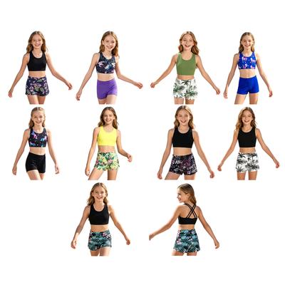 Costume da bagno da bambina con stampa Rash Guard Tankini Sport Crop Top + pantaloncini da bagno