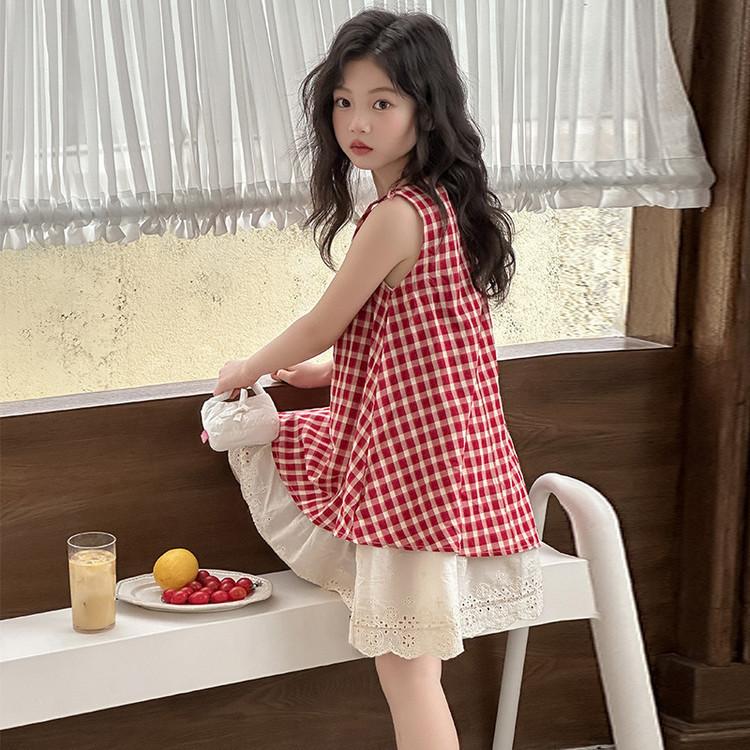 Girls Summer Plaid Sleeveless Dress Korean Cute Strap Dress for Big Kids